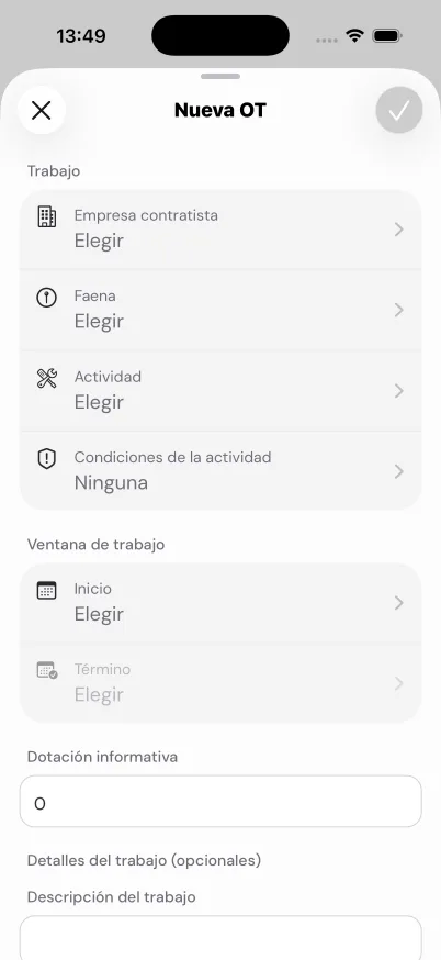 Formulario Nueva OT en la app ACREDIX para iPhone