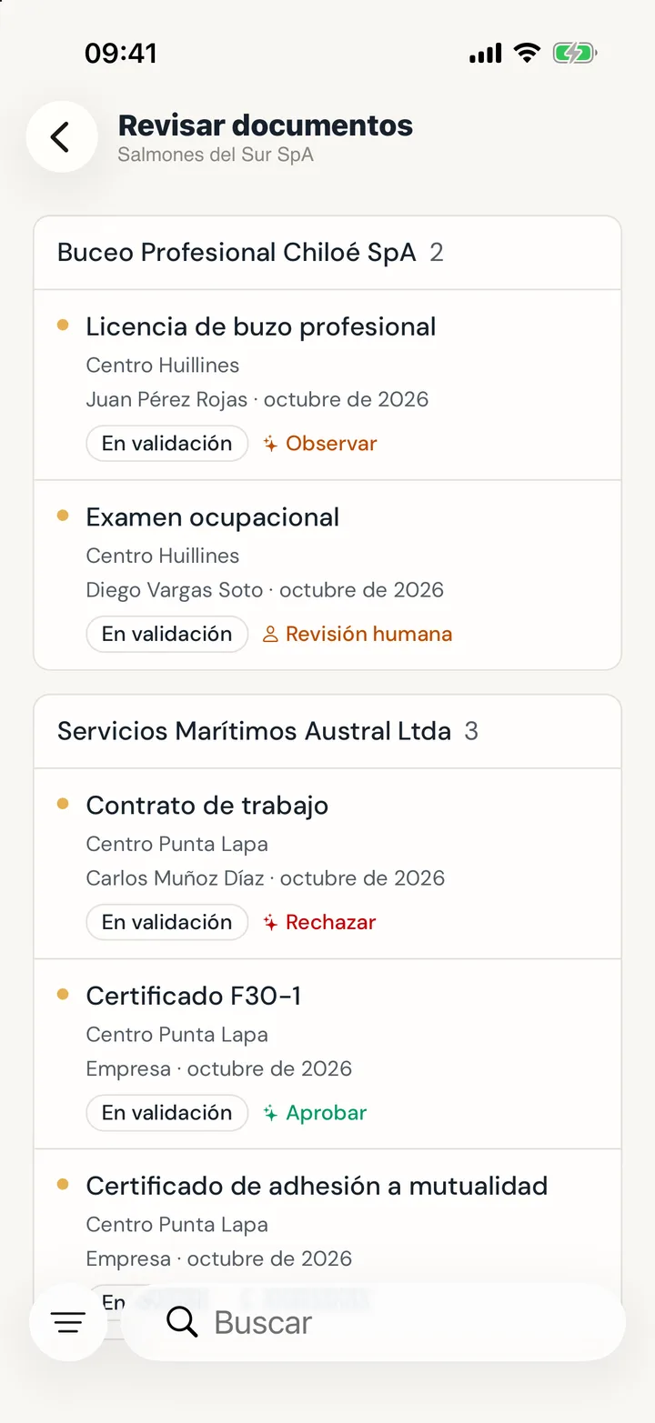 Revisar documentos en la app ACREDIX: los documentos por revisar de cada contratista, con la sugerencia de la IA (Aprobar, Observar, Rechazar o Revisión humana)