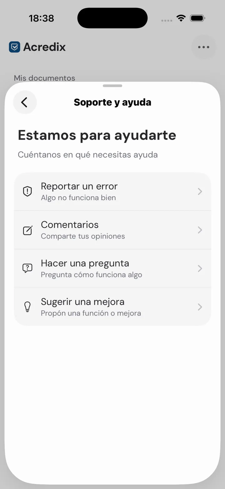 Soporte y ayuda dentro de la app ACREDIX en iPhone